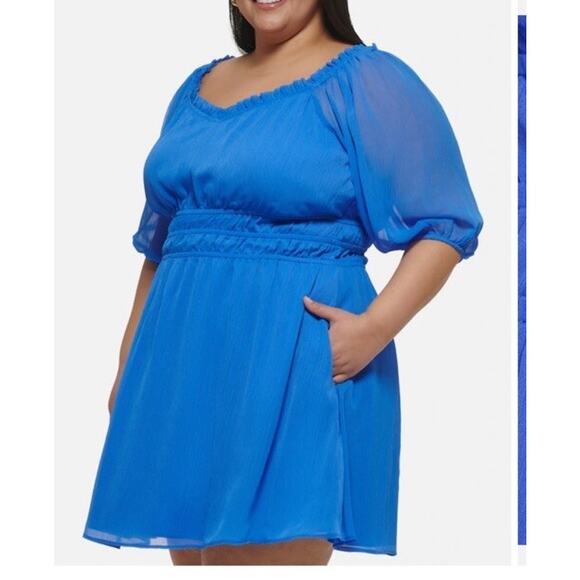 Vince Camuto Chiffon Mini Party Dress Half Sleeve 16W Cocktail Event Royal Blue - Picture 2 of 11